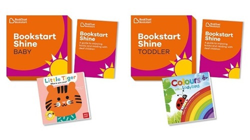 The Bookstart Shine packs for Babies and Toddlers. There are guidance leaflets and books. The book for babies is 'Little Tiger where are you?' and the book for Toddlers is 'Colours with a Ladybird'.