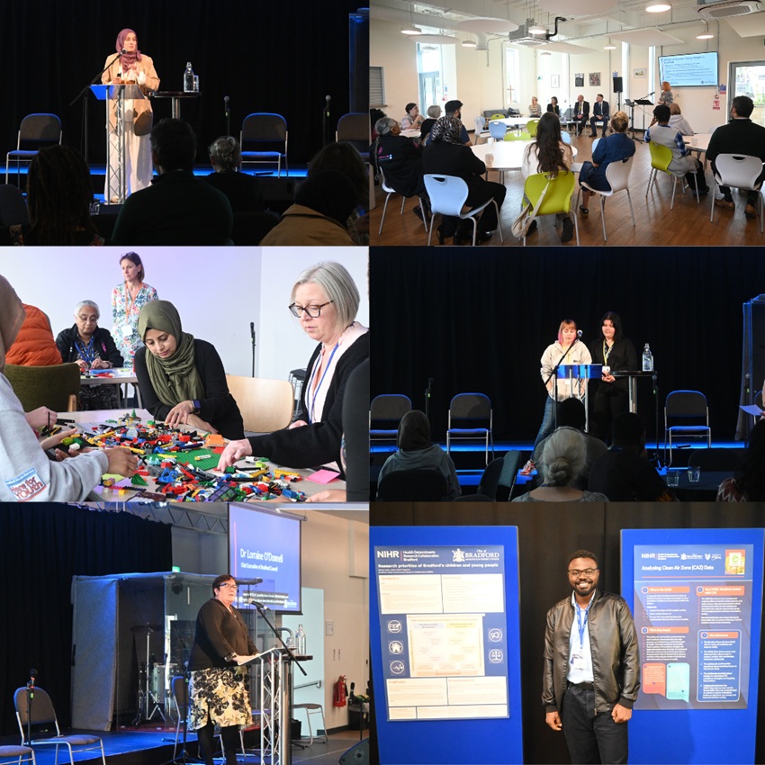 A collage of six images taken at the HDRC annual conference showing speakers on the stage, guests in attendance and attendees undertaking tasks at the breakout sessions, including building with Lego