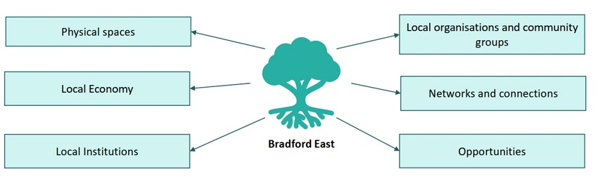 Physical spaces. Local economy. Local institutions. Local organisations and community groups. Networks and connections. Opportunities.