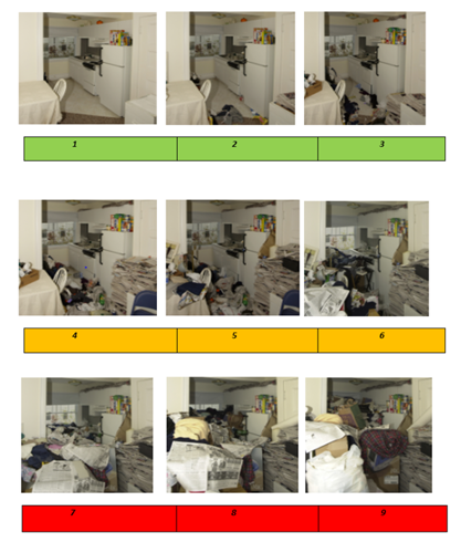 3.	A series of 9 photos showing the same kitchen with an increasing level of clutter. The first photo shows a kitchen with no clutter, and the last shows the same kitchen with so much clutter that the window is blocked, the clutter reaches the ceiling and it is not possible to get into the room.