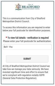 An example of the second screen you will see from a text message. This screen asks you to confirm your postcode.