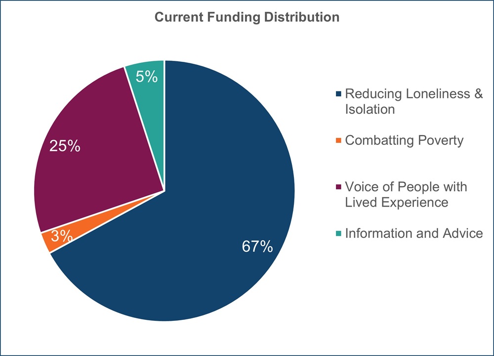 Pie chart showing how current funding is distributed by four key themes. The themes are: Reducing Loneliness and Isolation (67%), Combatting Poverty (3%), Voice of People with Lived Experience (25%), Information and Advice (5%).