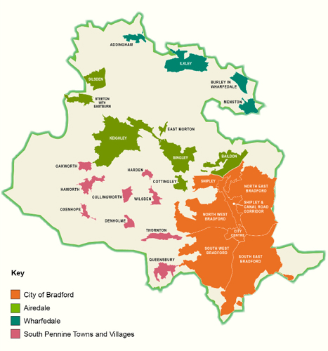 Map showing the locations of settlements in the Bradford District.