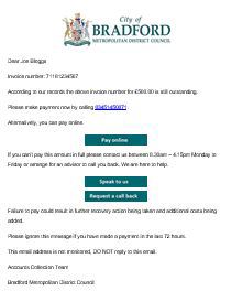 An example email we may send to you about your account. This screen allows you to pay online or to contact us.