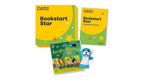 Bookstart Star pack. There is a finger puppet, an accessible booklist, and a book 'Jungle Journey'.