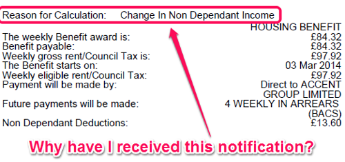 Screenshot showing the Reason for Calculation