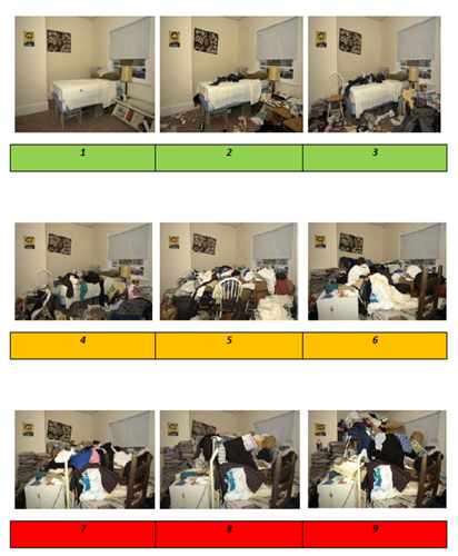 1.	A series of 9 photos showing the same bedroom with an increasing level of clutter. The first photo shows a bedroom with no clutter, and the last shows the same bedroom with so much clutter that the window is blocked, the clutter reaches the ceiling and it is not possible to get into the room.